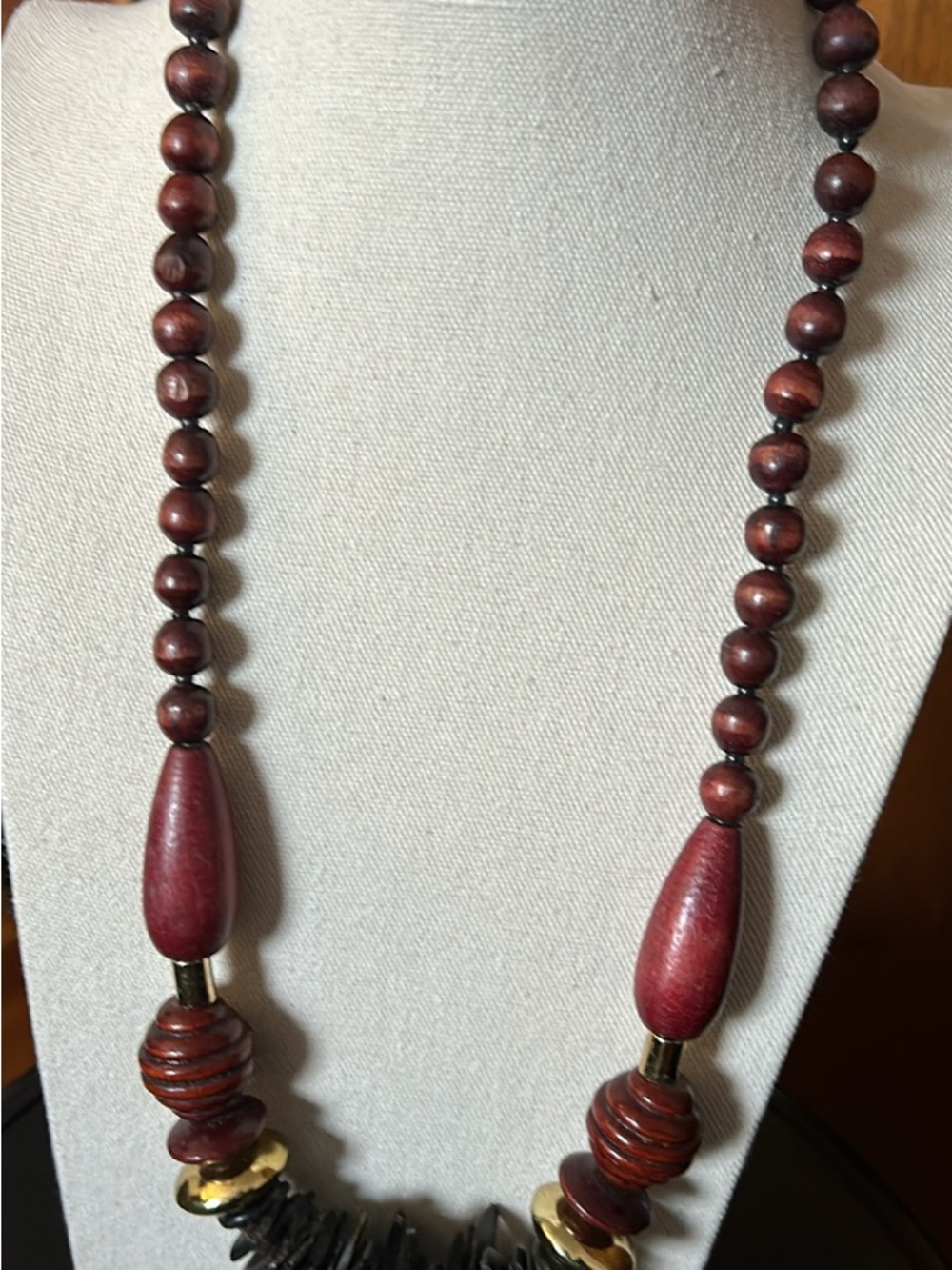 Wood Wood Deep Burgundy Wooden Bead Necklace with Gold Accents